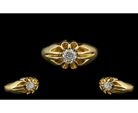 18ct Gold Gypsy Set Single Stone Diamond Dress Ring of Top Grade. The Round Modern Brilliant Cut Diamond - Top Quality. Est C