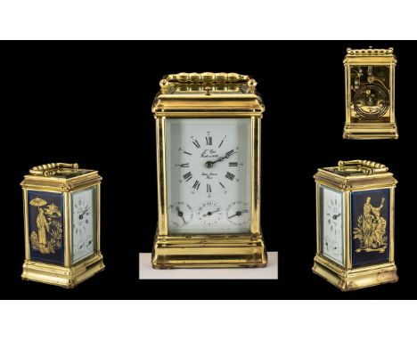 French Mid 20th Century L'Epee 1839 8 Day Strike - Repeater Brass Carriage Clock with subsidiary dial (3) for day of week, al