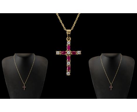 Ladies - 9ct Yellow Gold Diamond and Ruby Set Cross with Attached 9ct Gold Trace Chain. Both Cross and Chain Fully Hallmarked