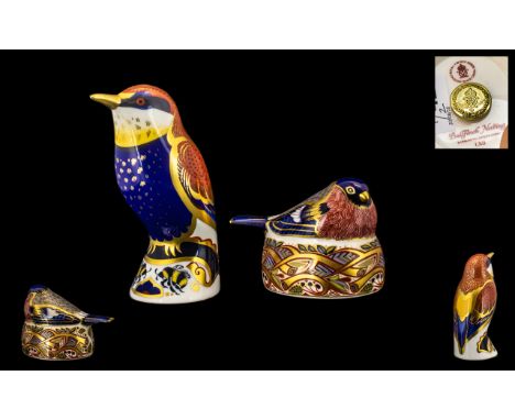 Royal Crown Derby Handpainted Paperweights (2). 1. 'Nesting Bullfinch' gold backstamp, available 1997-1999.  Excellent colour