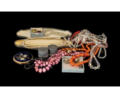 Collection Of Costume Jewellery To Include, Brooches, Lotus Pearls, Compact, Two pairs Of Yellow Metal Stud Earrings etc. 