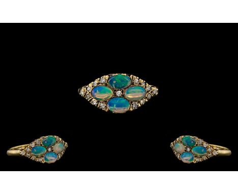 Ladies 9ct Gold Attractive Diamond and Opal Set Dress Ring of Pleasing Design. Fully Hallmarked London 1979. The Cabochon Cut