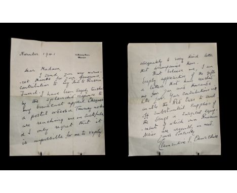 War Interest - Clementine Churchill Letter Dated November 1941, with 10 Downing Street address.  Letter is regarding the Russ