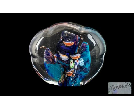 Large &amp; Decorative Oval Shaped Paperweight, measuring 5" tall x 6" wide, with colourful coral shapes and small fish insid