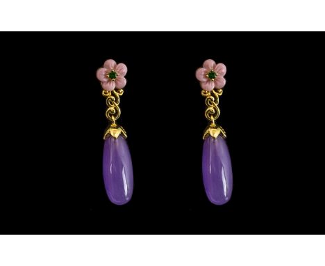 Purple Jade, Pink Mother of Pearl and Russian Diopside Drop Earrings, Ovoid Purple Jade Drops, Suspended From Decorative Gold