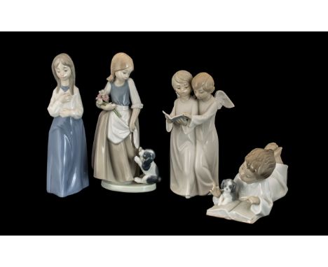 Collection of Four Nao Figures comprising: a figure of two angels with a hymn book, 9" tall; a girl with a dog and a bunch of