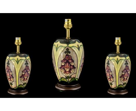 Moorcroft Tubelined Lamp Base 'Foxglove' Design.  Designer Rachael Bishop, date 1993.  Height 11'' - 27.5 cm.  First quality,