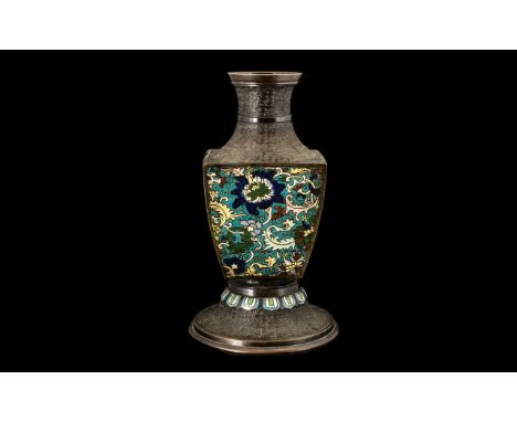 Antique Chinese Bronze and Enamel Vase of unusual shape, finely decorated with floral scenery and archaic scripts to the body