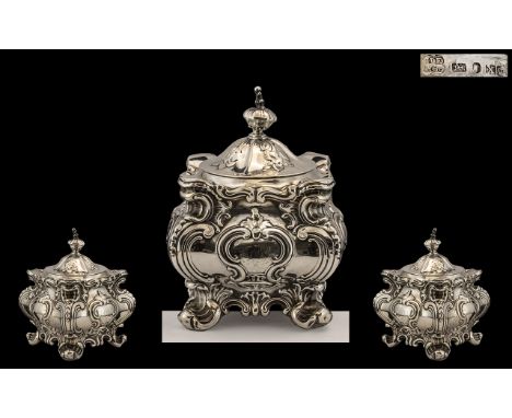 Victorian Period Wonderful Sterling Silver Lidded Tea Caddy of Excellent Form and Profuse Decoration to All Parts of Caddy. H