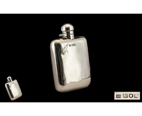 George V Sterling Silver Hip Flask with Hinged Cover of Rectangular Form. Hallmark London 1924, Maker D.W - J.W ( Daniel and 