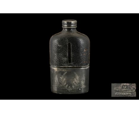 Victorian Leather Bound Hip Flask with screw top and attached pewter cup; engraved; makers William Deakins and Sons, Sheffiel