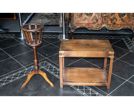 A Small Mahogany Side Table with brass strap work in corners. Together with a reproduction tripod plant stand. Height 30 inch