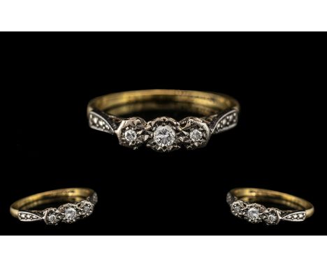 18ct Gold and Platinum 3 Stone Diamond Set Engagement Ring - Illusion Set. Marked 18ct Gold - Platinum. Ring Size K. All Aspe