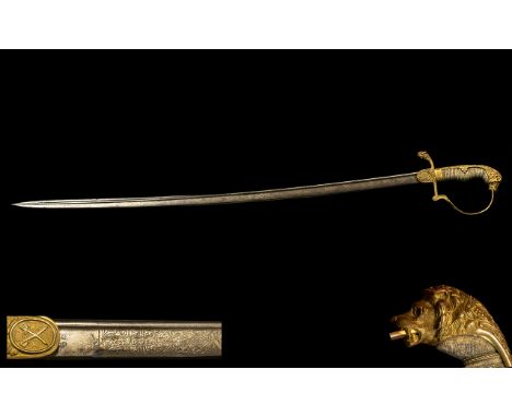 Prussian Cavalry Officers Imperial Sword Damascus Blade, Lions Head Pommel with Ruby Eye, Shark Skin Grip. Mark of W.K.C &amp