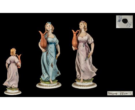 Capo-di-Monte Signed Pair of Handpainted Porcelain Figures female 'Water Carriers' signed Tyche Toscha, circa 1970.  Each fig