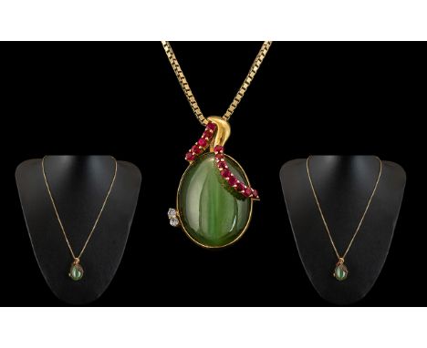18ct Gold - Ruby and Diamond Set Jade Brooch - Pendant, Attached to a Long Box, 9ct Gold Chain. The Pendant / Brooch Marked 1