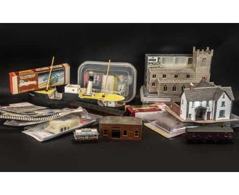 A Collection of Hornby Related Scenery and Props, A box containing mainly construction items to include church, various build