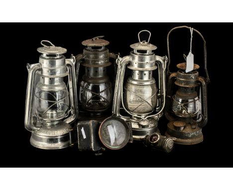 Six Lamps ( Four Tin Paraffin Lamps ) Small Lucas Cycle Lamp. No 344, Old Car Lamp. 
