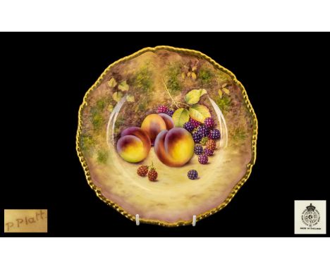 Royal Worcester Large Hand Painted Signed Cabinet Plate, embellished with 22ct gold border; 'Fruits' design, signed P. Platt;