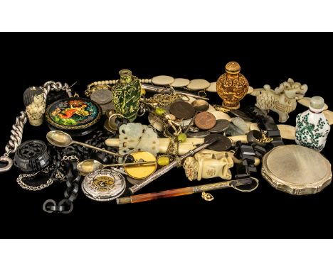 Mixed Assorted Items including Oriental snuff bottles, Oriental figures, ivory necklace, coins, glass egg, watches, silver pe