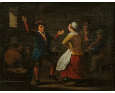 MANNER OF DAVID TENIERS - INN SCENE WITH PEASANTS DANCING, OIL ON PANEL, 27CM X 35CM