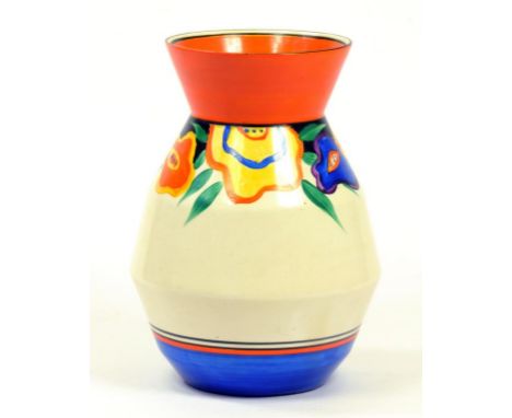 CLARICE CLIFF.  AN A.J. WILKINSON SHAPE 360 GARLAND VASE, 20CM H, PRINTED FANTASQUE MARK AND GILT MARK OF THE RETAILER, LAWLE