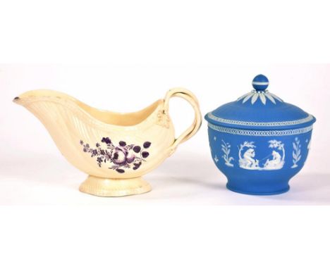 A FINE ENGINE TURNED JASPER WARE SUCRIER AND COVER, POSSIBLY JOHN TURNER, SPRIGGED WITH PUTTI, 11CM H, CIRCA 1790 AND A CREAM