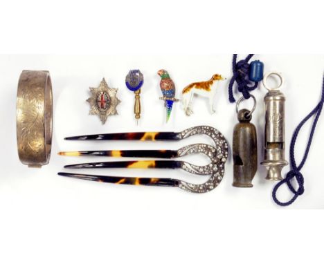 A PAIR OF 1920'S PASTE SET TORTOISESHELL HAIR SLIDES WITH FOLDING LOOP, A SILVER BRACELET, A VICTORIAN TURNED HORN WHISTLE, A