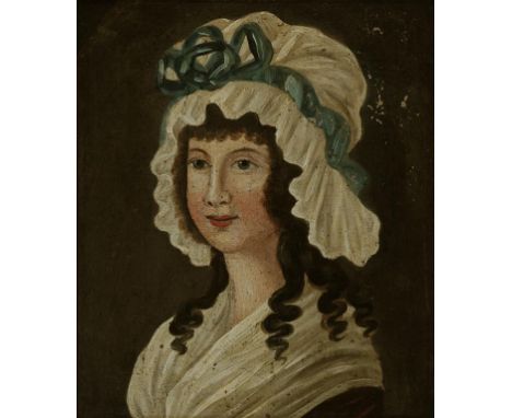 ENGLISH NAIVE ARTIST, EARLY 19TH CENTURY - PORTRAIT OF A YOUNG WOMAN, OIL ON BOARD, 29CM X 24.5CM, 19TH CENTURY GRAINED ROSEW
