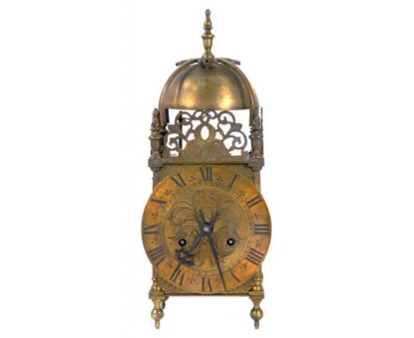 AN ENGLISH BRASS REPRODUCTION LANTERN CLOCK, THE  RECTANGULAR  BACKPLATE STAMPED MADE IN CLARKENWELL, WITH LATER REPLACEMENT 