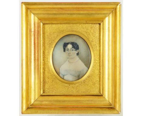 ENGLISH SCHOOL, 19TH CENTURY - PORTRAIT MINIATURE OF A LADY, IVORY OVAL, 7.2CM X 6CM, GILTWOOD CAVETTO FRAME WITH SANDED SURR