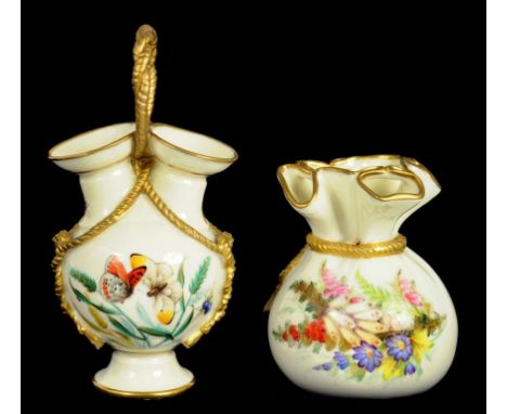 TWO ROYAL WORCESTER POSY VASES, ONE OF SACK SHAPE AND PAINTED WITH HEATHS, THE OTHER IN THE FORM OF A FLASK TIED WITH A GILT 