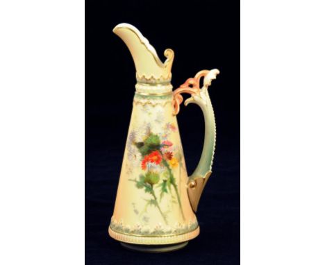 A ROYAL WORCESTER JUG DECORATED WITH WILD FLOWERS ON A SHADED APRICOT GROUND, 21CM H, PRINTED MARK, CIRCA 1890