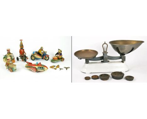 SIX VARIOUS 1960'S TINPLATE TOYS, INCLUDING MOTORCYCLIST AND SIDECAR, ROCKET RACER AND PANDA DRUMMER AND SEVERAL OTHER ITEMS,
