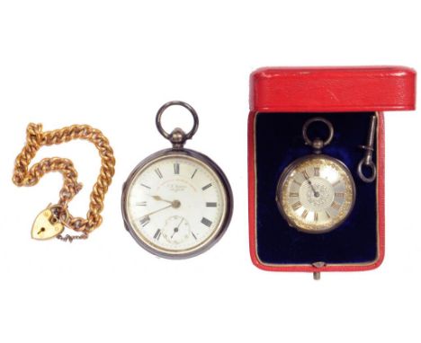 A SILVER EXPRESS ENGLISH LEVER WATCH WITH ENAMEL DIAL, CHESTER 1902, A SILVER KEYLESS FOB WATCH WITH SILVER DIAL IN UNUSUALLY