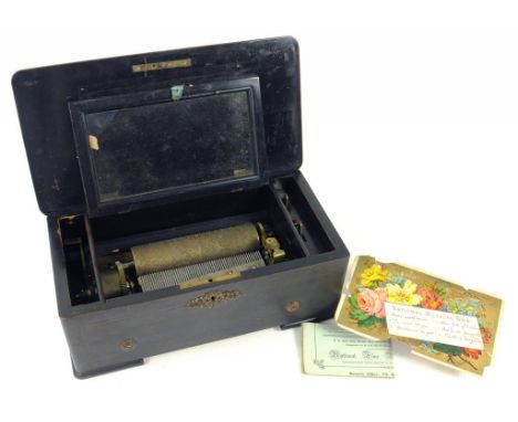 A SWISS MUSICAL BOX WITH 15.5CM PINNED CYLINDER AND ONE PIECE COMB PLAYING SIX AIRS AS LISTED ON THE ORIGINAL (DAMAGED) TUNE 