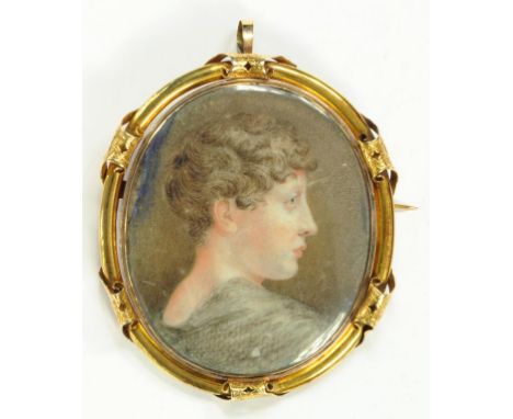 ENGLISH SCHOOL, EARLY 19TH CENTURY - PORTRAIT MINIATURE OF A YOUNG LADY IN PROFILE, OVAL, IVORY, MOUNTED IN A GOLD BROOCH, TH