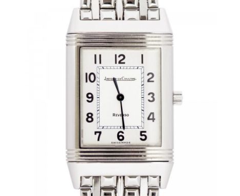 A JAEGER LECOULTRE STAINLESS STEEL REVERSO WRISTWATCH, WITH BLACK ARABIC CHAPTERS AND BLUED STEEL SWORD HANDS, NUMBERED ON BA