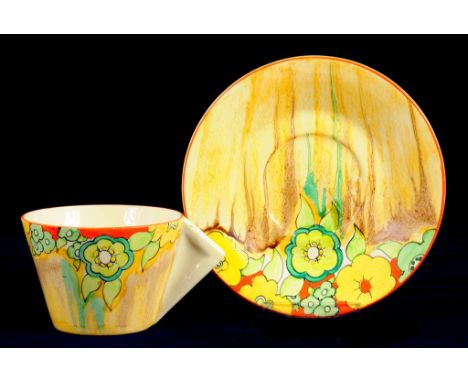 CLARICE CLIFF.  AN A.J. WILKINSON JONQUIL BONJOUR CUP AND SAUCER, SAUCER 15CM DIAM, PRINTED MARK, CIRCA 1934