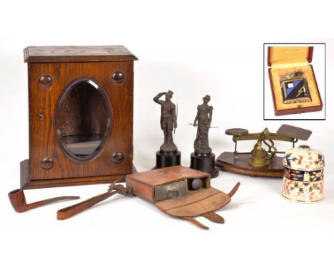AN EDWARDIAN OAK SMOKER'S CABINET, 31CM H, A VICTORIAN BRASS POSTAL BALANCE, A PAIR OF FRENCH SPELTER STATUETTES, A FRENCH AR
