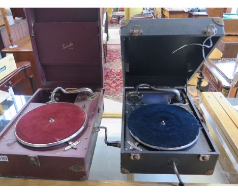 Two wind up gramophones, a Decca 80 and a Sackville De Luxe, with a good collection of 78 records, both running 