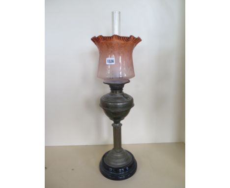 An oil lamp with etched tinted shade, overall condition good, 68cm tall 