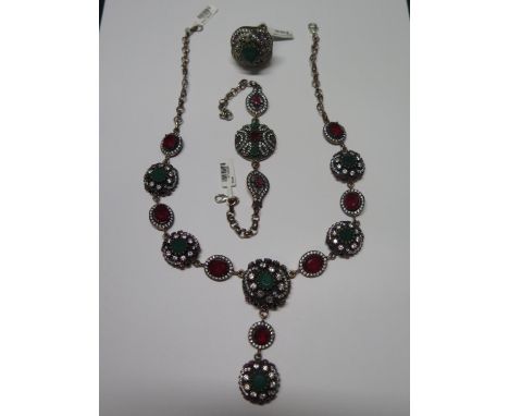 A silver multi-gem necklace, bracelet and ring set, ring size R, bracelet 19cm long, necklace 41cm long - jewellers ex stock,