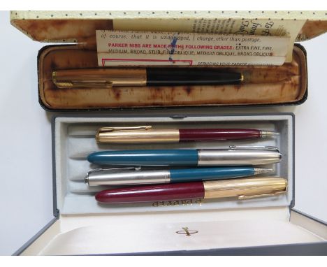 Three vintage Parker pens, and two propelling pencils, all have not been used for some time 