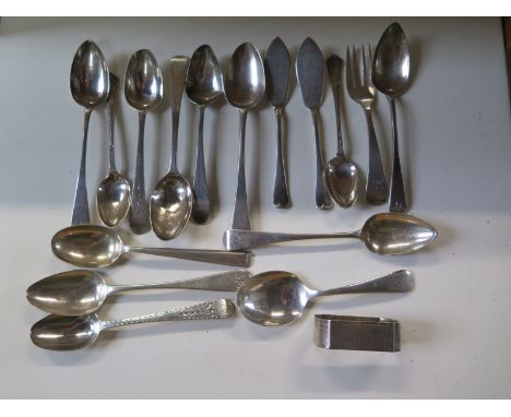 Assorted silver and flatware, and a serviette ring, total weight approx 7.6 troy oz, some bending and dents 