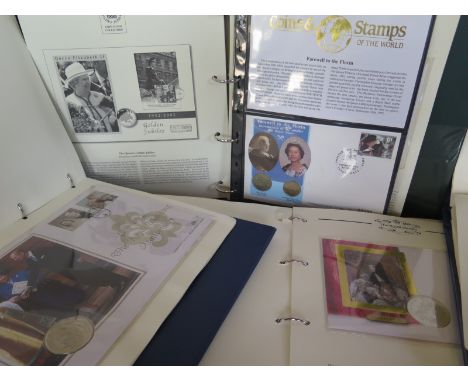 Seven albums of Coin first day covers, first day covers and commemorative stamps featuring the British Royal family, all in g