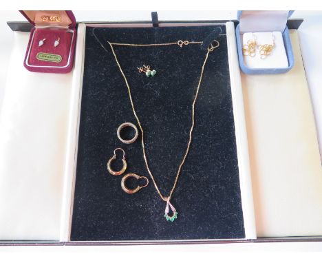 A 9ct chain with 9ct pendant, approx 4.5 grams, chain length 48cm, a pair of 14ct earrings approx 0.7 grams, three pairs of o