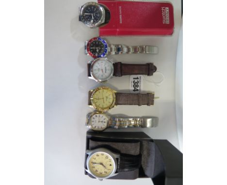 Five quartz gents watches in good condition, to include a steel, Swiss Swatch Irony and a boxed Sekonda. All running in saler