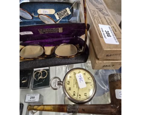2 BOXED EARLY ABBEY BRASS DARTS, SILVER TOPPED GENTLEMAN'S PIPE, POCKET WATCH, 2 PAIRS OF VINTAGE SPECTACLES