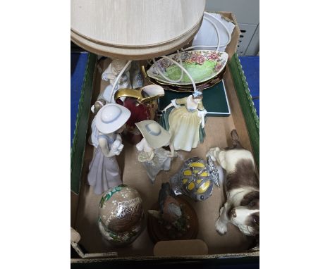 BOX CONTAINING MALING PLATES, DOG ORNAMENT, ROYAL DOULTON FIGURINE, 2 NAO FIGURINES, NAO TABLE LAMP, AA CAR BADGE, RUSSIAN DO